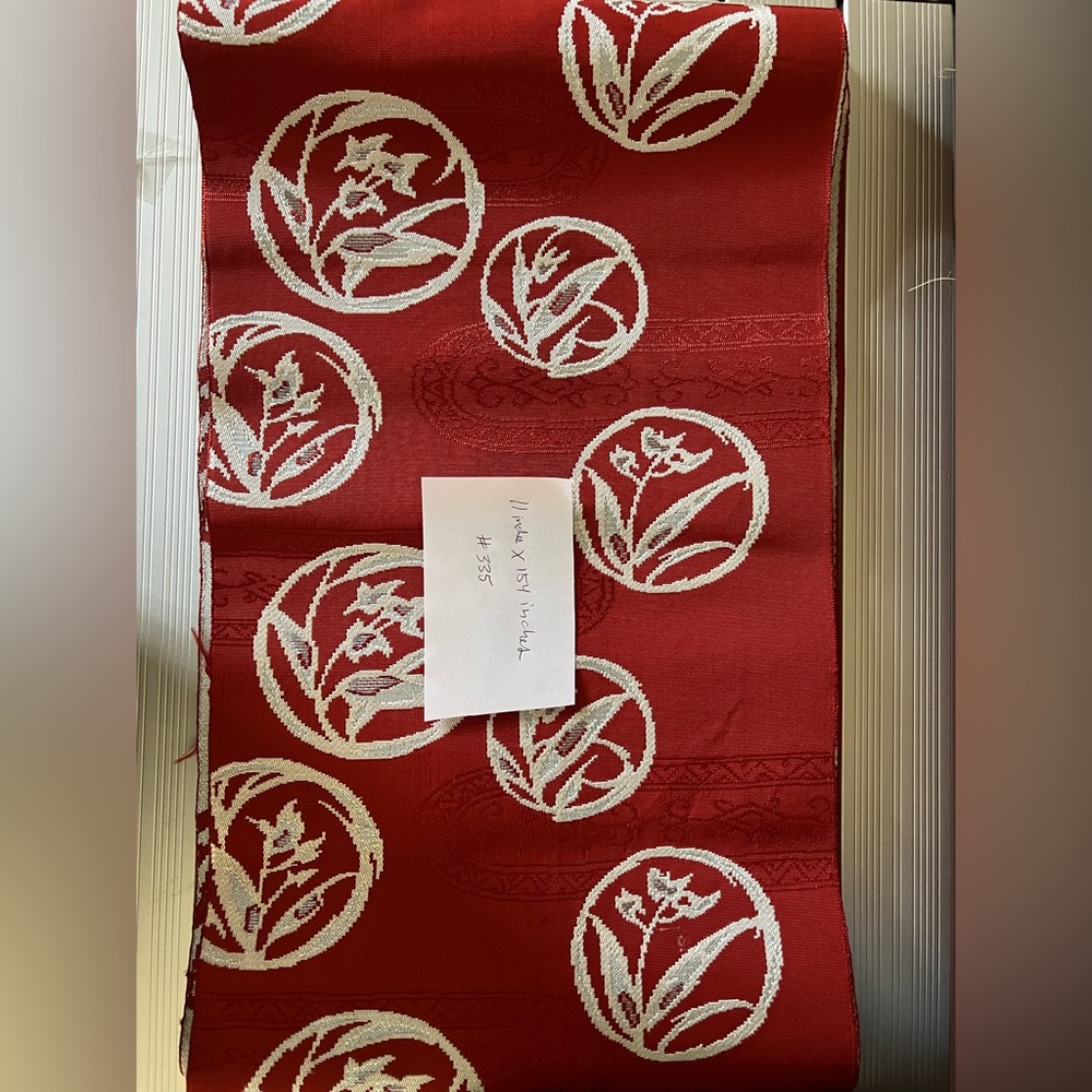 Vintage Japanese Nagoya Obi – Red & White Floral Crest Motif – 1960s #335